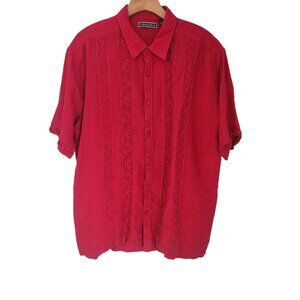 Cubavera Shirt Button Up Embroidered Red Striped Linen Rayon Blend XL EUC